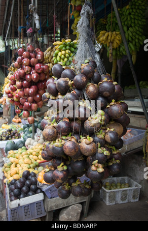 Purple mangoustans (Garcinia mangostana) à la vente à un décrochage du côté de la route en milieu rural au Sri Lanka Banque D'Images