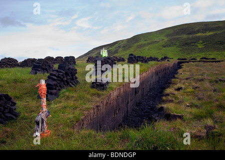 Découpe traditionnelle écossaise de tourbe pour le carburant et le séchage dans les hautes terres. Cheminées de tourbe et travaux d'extraction de sol tourbières à Sutherland, Écosse, Royaume-Uni Banque D'Images