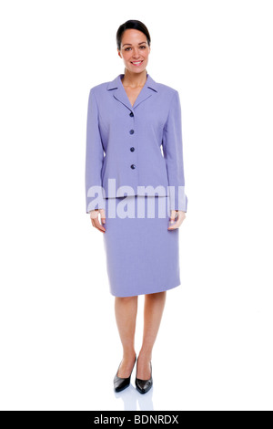 Attractive businesswoman portant une jupe de couleur lilas, isolé sur un fond blanc. Banque D'Images