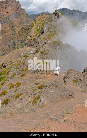 Randonneurs sur le sentier de randonnée de Pico do Areeiro, conduisant à l'pics voisins, Madeira, Portugal, Europe Banque D'Images