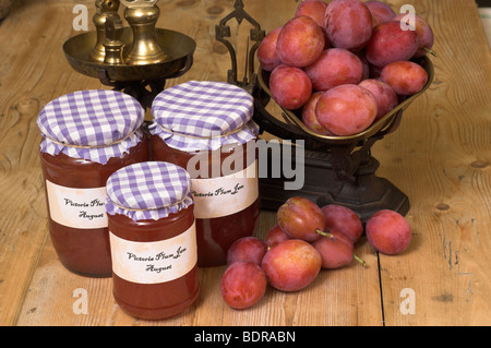 Faire de la confiture de prunes Victoria fraîchement recueillies montrant les fruits et confiture maison dans la cuisine de campagne, Août, Angleterre Banque D'Images