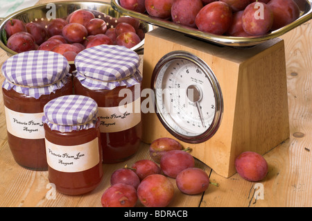 Faire de la confiture de prunes Victoria fraîchement recueillies montrant les fruits et confiture maison dans la cuisine de campagne, Août, Angleterre Banque D'Images