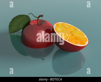 Illustration d'une pomme génétiquement modifiés avec le jus d'une orange Banque D'Images