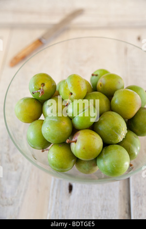 Greengages frais dans un bol en verre avec un fond blanc, rustique et le couteau Banque D'Images