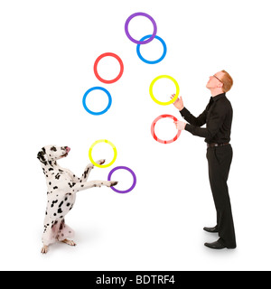 Dalmatien (Canis lupus f. familiaris), jeune homme jonglant avec des joints toriques avec ses chiens Banque D'Images