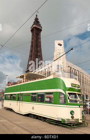 Un tramway à un seul étage sur le front de mer de Golden Mile de Blackpool en face de la tour de Blackpool. Banque D'Images