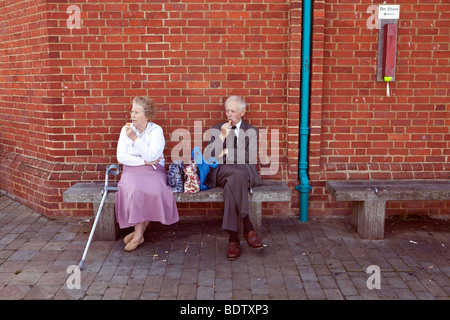 Vieux couple sitting on bench Banque D'Images
