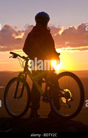 Dans mountainbikerin mitternachtssonne gaellivare, der, Laponie, Schweden, descente au cycliste soleil de minuit, la Laponie, Suède Banque D'Images