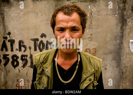 Un homme Vietnamien, Nguyen Quoc Hung, pose pour un portrait dans le village Van Phuc, Hanoi, Vietnam. Banque D'Images