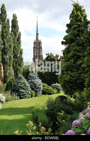 L'église gothique Sainte Croix vu du Jardin Botanique, Wroclaw, la Basse Silésie, Pologne. Banque D'Images