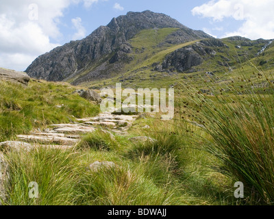 Un sentier menant jusqu'à Snowdonia au Pays de Galles, Royaume-Uni Tryfan Banque D'Images