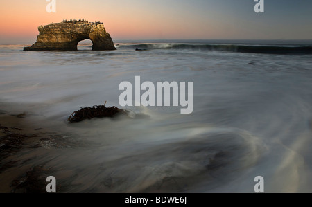 Une arche est contre un ciel crépusculaire au Natural Bridges State Park, Santa Cruz, Californie, USA. Banque D'Images