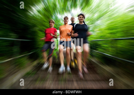 L'homme et trois femmes jogging dans la forêt Banque D'Images