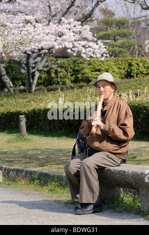 La lecture d'un homme japonais shakuhachi, une flûte de bambou traditionnel, à l'extérieur à l'Takaraga ike-Lake à Kyoto, Japon, Asie du Sud-Est, car Banque D'Images