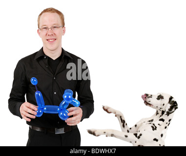 Dalmatien (Canis lupus f. familiaris), avec l'homme tenant un ballon en forme de chien dans sa main Banque D'Images