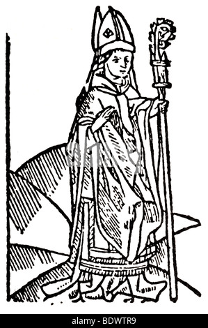 W 1493 w de worde caxton Jacobus de Voragine legenda aurea un évêque son visage pincé plutôt tourné vers la droite bénédiction avec hi Banque D'Images