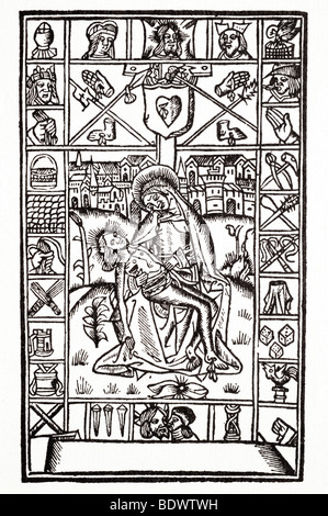 W de worde thomas a kempis 1515 imytacio de cryst droit de pitié mary holding auréolée d le corps de Jésus de sa tête dans une monture cngi Banque D'Images