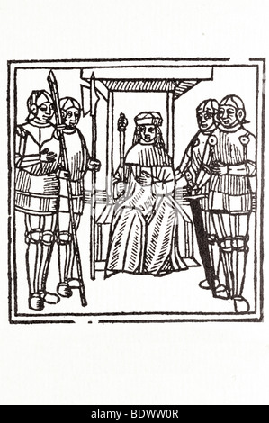 W de worde 1517 Robert de deuyll un diable d'une âme un diable en faisant glisser l'âme par une corde un diable soufflant une corne un diable sept visages j Banque D'Images