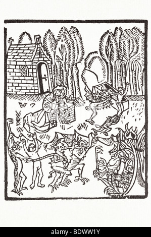 W de worde contemplacyons 1506 Richard rolle la contemplation d'un diable une âme un diable en faisant glisser l'âme par une corde un diable soufflant une Banque D'Images