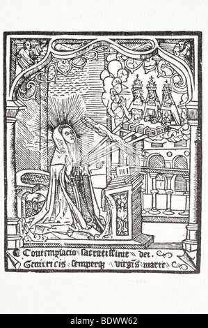 W de worde 20 nov 1520 dyetary helthe fantomatique de sainte Catherine de Sienne dans un nimbus sans monture à genoux devant un livre ouvert sur un sta Banque D'Images