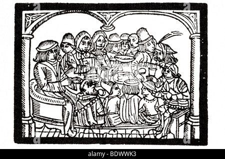 4 juin 1526 r pynson geoffry chaucer contes de Canterbury quatorze pèlerins assis sur une table ronde l'hôte dans un round soutenu ch Banque D'Images