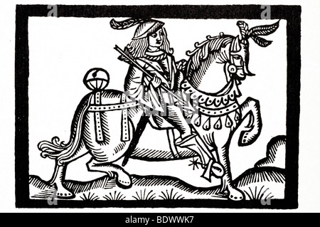 4 juin 1526 r pynson geoffry chaucer contes de Canterbury un écuyer avec une flèche dans la main et une plume dans son chapeau un défilement avec Banque D'Images