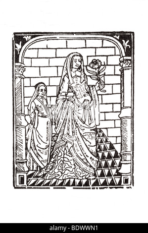 Pynson r 1526 Geoffrey Chaucer boke of fame la bele dame sauns merci une fille une femme tenant une fleur-de-chaussée du mur de pierre rectangu Banque D'Images