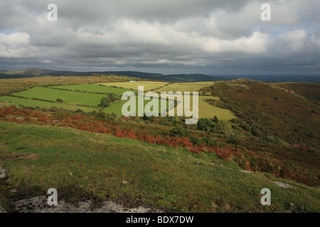 Au début de l'automne Vue de Sharp sur Tor, gorge Dart avec Mel Tor dans distance, Dartmoor, dans le Devon, England, UK Banque D'Images