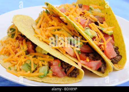 Tacos au boeuf, tomate, avocat et fromage cheddar Banque D'Images