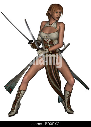 Femme de combat en rendu 3D avec samurai katana isolé sur fond blanc Banque D'Images