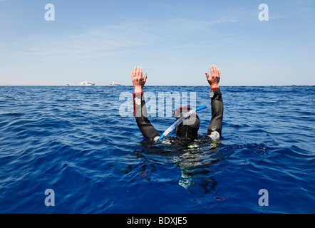 Plongeur à la dérive en mer tente d'obtenir l'attention des gens sur les bateaux de plongée sur l'horizon en l'agitant, l'Égypte, Mer Rouge, Afrique Banque D'Images