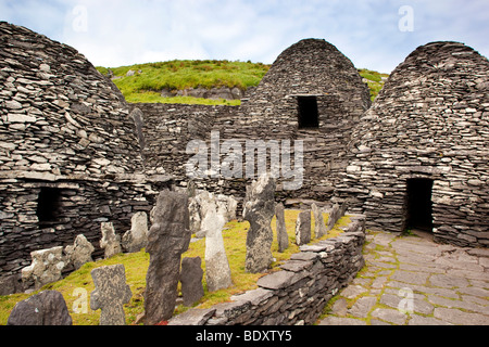 Skellig Michael ; Irlande ; beehive huts de l'ancien monastère Banque D'Images