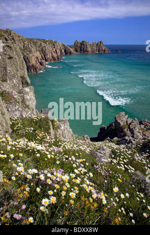 Pednvounder de falaises de porthcurno, Cornwall Banque D'Images