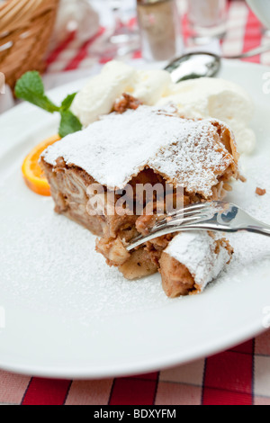 Strudel traditionnel viennois aux pommes servi avec de la crème fouettée et de la glace à la vanille, saupoudrée de sucre en poudre sur une assiette blanche Banque D'Images