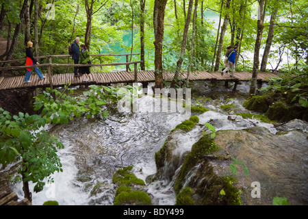Les touristes sur le chemin à Plitvicka Jezera, le parc national des Lacs de Plitvice, Croatie, Europe, Lika-Senj Banque D'Images