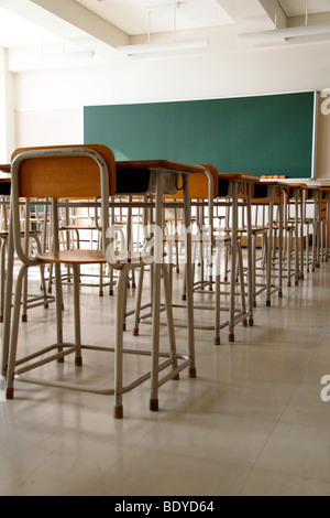 Vider la salle de classe en raison de l'arrêt. Seulement des bureaux d'école, des chaises et un tableau noir. Pas d'étudiants. Banque D'Images