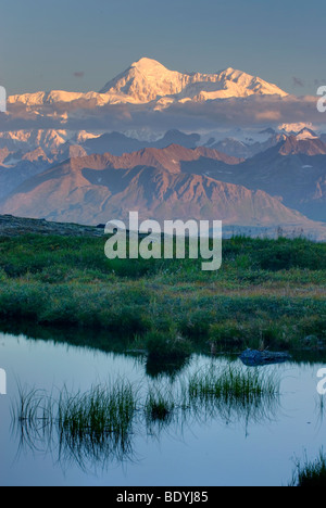 Le mont McKinley (Denali) 6 193,6 mètres (20 320 pieds) de petit lac sur Kesugi Ridge State Park Denali, Alaska Banque D'Images