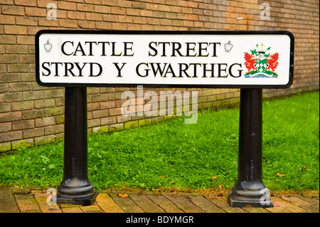 Rue de bovins anglais bilingue gallois street sign à Neath South Wales UK Banque D'Images