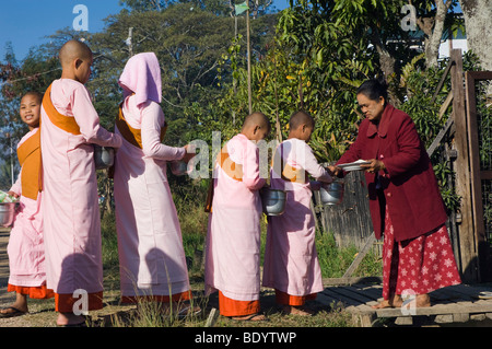 Jeunes moniales à la mendicité, au Lac Inle, Nyaungshwe, l'État de Shan, Birmanie, Myanmar, en Asie Banque D'Images
