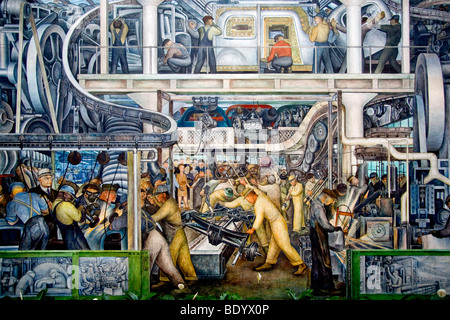 Rivière Ford Rouge factory ouvriers assembler des nouvelles voitures en 1933 une fresque de Diego Rivera au Detroit Institute of Art Banque D'Images