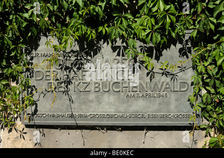 Plaque commémorant les victimes de la marche vers la mort de l'ancien camp de concentration de Buchenwald, Iéna, Thuringe, Allemagne, Europe Banque D'Images