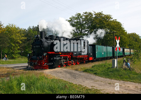 Locomotive à vapeur Rasender Roland', 'Rushing Roland, entre le chemin de fer historique des stations balnéaires Goehren et Sellin, isl Ruegen Banque D'Images