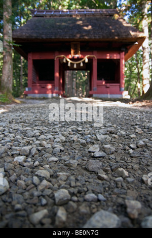 Point d'entrée pour le bois rouge géant Avenue menant au Sanctuaire Shinto Okusha, sanctuaire Togakushi, Japon Banque D'Images