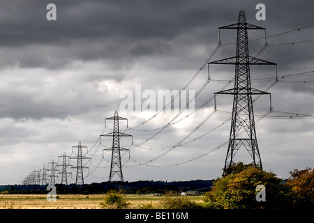 Pylônes électriques sur les terres agricoles dans l'East Sussex. Photo par Gordon 1928 Banque D'Images