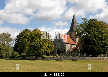 L'église du village et vert Banque D'Images