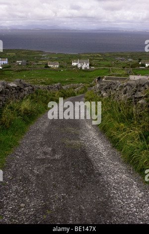 Pays sinueuse route bordée de murs traditionnels, l'Inis Mor (Inismore) Island, les îles d'Aran, Co. de Galway, Irlande Banque D'Images