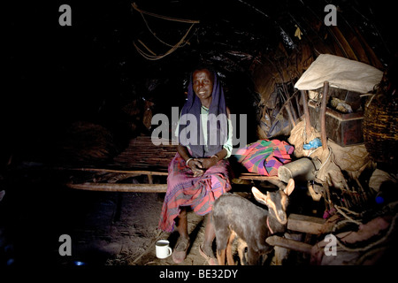 L'afari (nord de l'Etiopie) étaient à l'origine nomades et vivent dans des huttes très primitive faite de paille, de brindilles et d'un morceau de plastique. Banque D'Images
