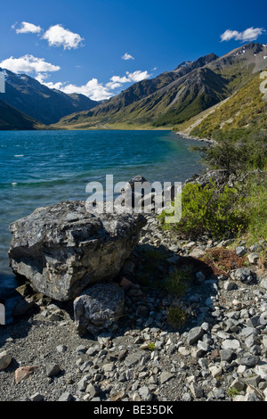 Rive du lac bleu le Tennyson, voie de l'Arc-en-ciel, Saint James, île du Sud, Nouvelle-Zélande Banque D'Images