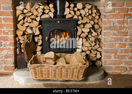 Poêle à bois entouré de bois empilés et haché prêt pour la gravure Banque D'Images