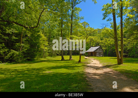 Protections de carter log cabin en zone de Cades Cove, parc national des Great Smoky Mountains, New York États-Unis Banque D'Images